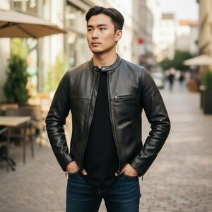 COACH Men’s black leather biker jacket, XS, NWT